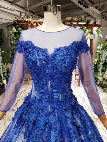 Gorgeous Royal Blue Prom Dresses | Long Sleeves Evening Gowns with Rose  Flowers | Newarrivaldress.com